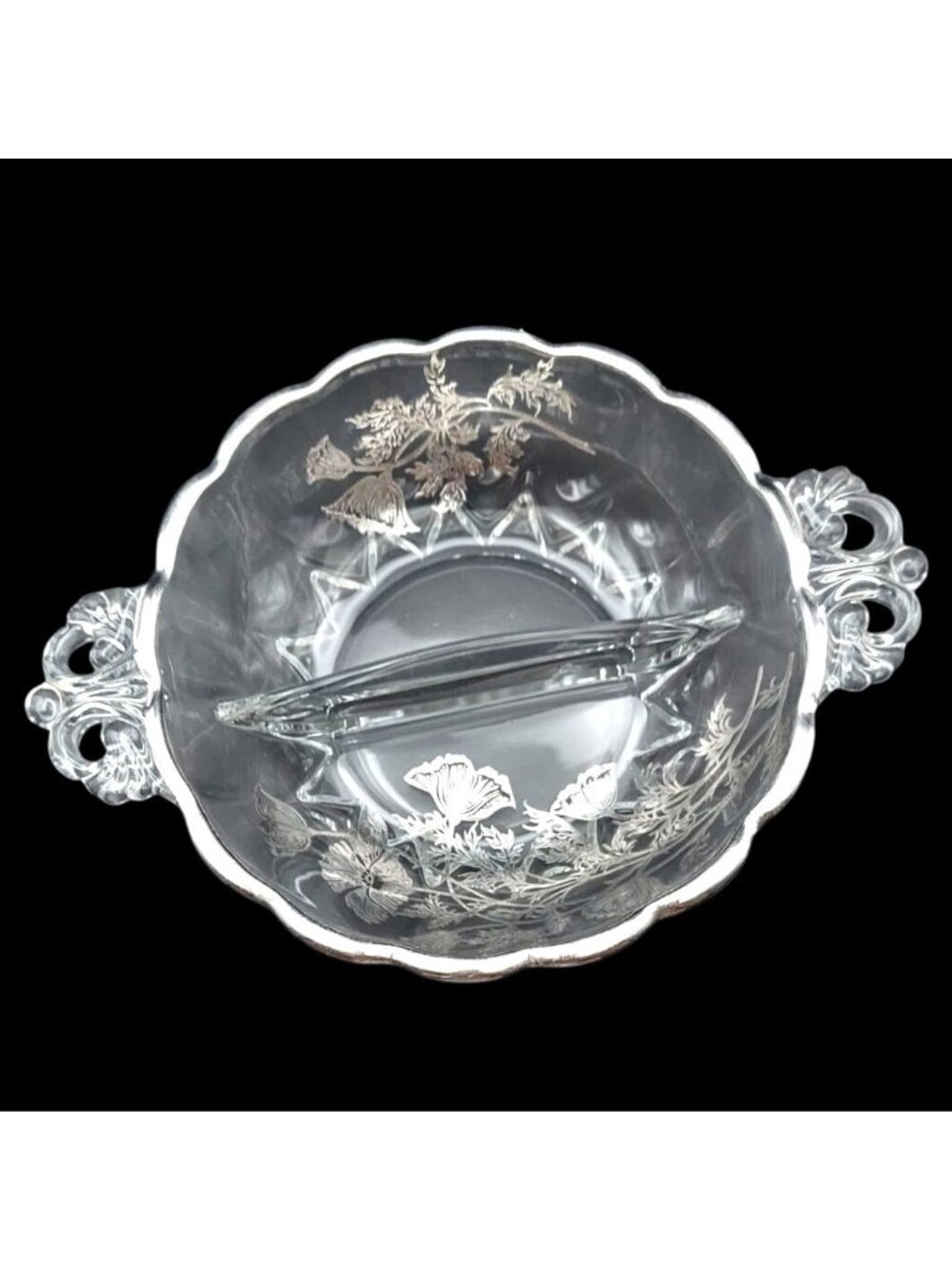 Silver City Glass Flanders Poppy Silver Overlay Crystal Divided Scalloped Dish
